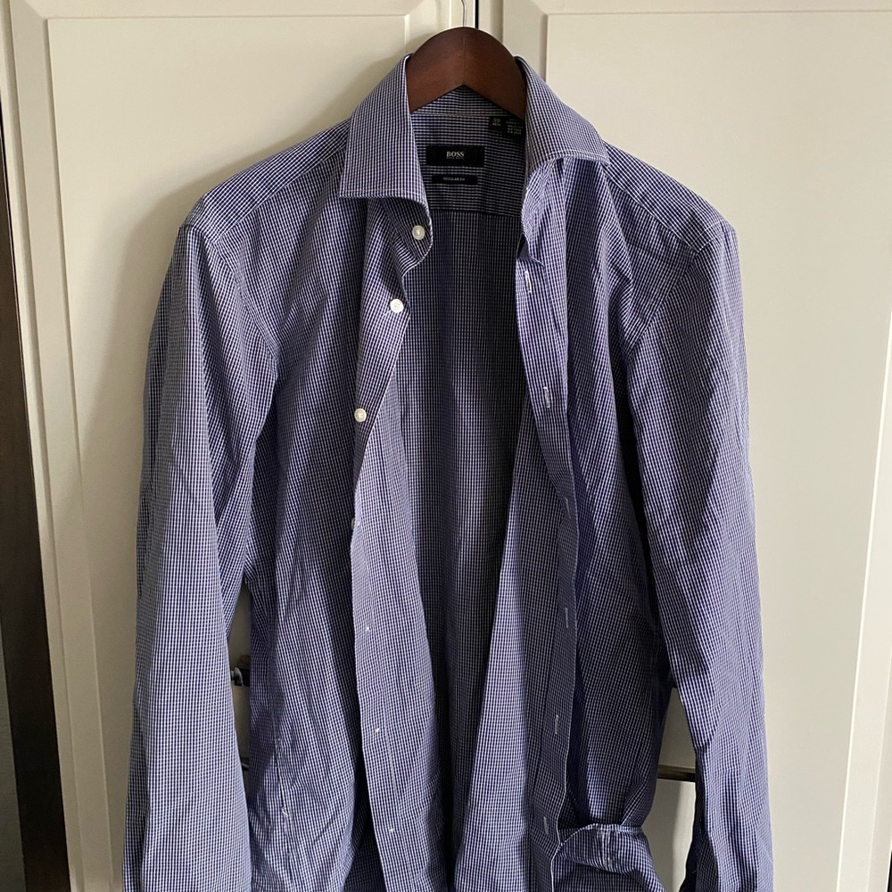 Boss Men's Navy Checkered Button Down Shirt